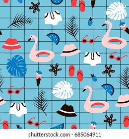 Seamless pattern with summer elements. Creative vector texture with palm tree,flamingo swimming circle,hat,sunglasses