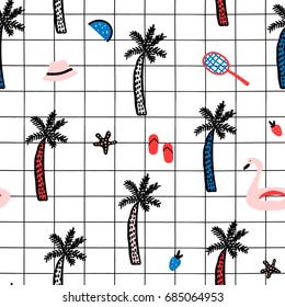 Seamless pattern with summer elements. Creative vector texture with palm tree,flamingo swimming circle,hat,sunglasses