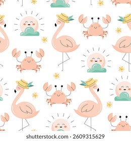 Seamless pattern with summer elements. Flamingo, crab, sun. Flat vector illustration