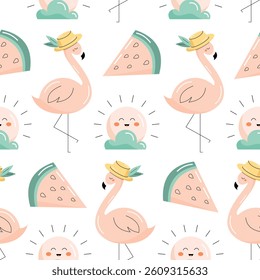 Seamless pattern with summer elements. Flamingo, sun, watermelon. Flat vector illustration