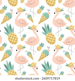 Seamless pattern with summer elements. Flamingo, pineapple, ice cream. Flat vector illustration