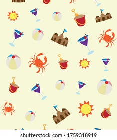 Seamless pattern with summer elements. flat vector texture with sand castle crab,sand bucket,cocktail,beach ball