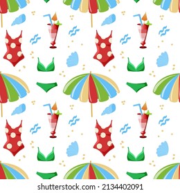 Seamless pattern of summer elements, hand-drawn in cartoon style. Cute swimsuits, umbrellas and cool cocktails on a white background. Summer fun dough background. 