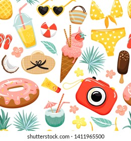 Seamless pattern with summer elements. Ice cream, fruit, flip flops, sunglasses, camera, cocktail, hat, swim ring, swimsuit and sunscreen. Texture for textile, scrapbooking, packaging etc. Vector.