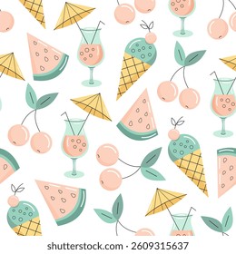 Seamless pattern with summer elements. Ice cream, watermelon, cherry, cocktail. Flat vector illustration