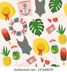 Seamless pattern with summer elements:  icecream, sunglasses, tropical leaves, swimsuit, pineapple, cocktail, hat, handbag, flip flops, towel. Colorful hand drawn vector illustration.