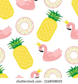 Seamless pattern with summer elements: inflatable circle in the form of a donut and flamingo, swim mattress in the form of a pineapple. Summer beach party. Vector image.