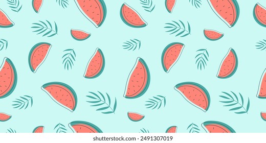 Seamless pattern with summer elements on blue background for fabric, drawing labels, print on t-shirt, wallpaper of children's room, vacation, holiday or summer design.