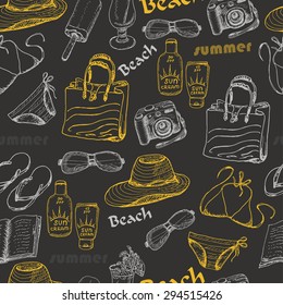 Seamless pattern with summer elements on dark background.