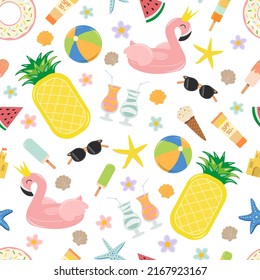 Seamless pattern with summer elements: palm tree, inflatable circle and mattress, ice cream, cocktails, seashells, flowers. Summer beach party. Vector image.