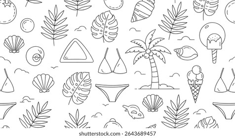 Seamless pattern with summer elements: palm tree, tropical leaves, seashells, bikini, ice cream, and clouds in a line art style.