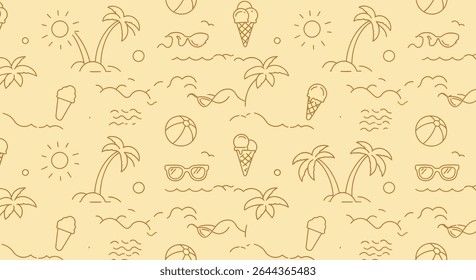 Seamless pattern with summer elements: palm trees, sun, ice cream, beach balls, and sunglasses. Outlined in brown on a light yellow background.