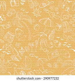 Seamless pattern with summer elements. Palm, beach, cold drinks, sunglasses, ice cream, postcards and other on the background with waves.