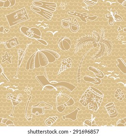 Seamless pattern with summer elements. Palm, beach, cold drinks, sunglasses, ice cream, postcards and other on the background with waves.