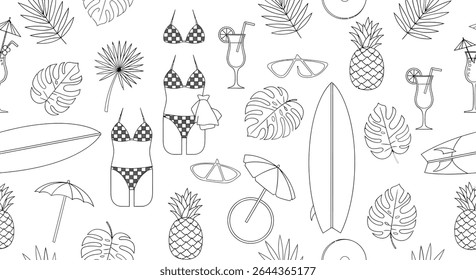Seamless pattern with summer elements: pineapple, cocktail, bikini, surfboard, sunglasses, tropical leaves, beach umbrella, and beach towel.