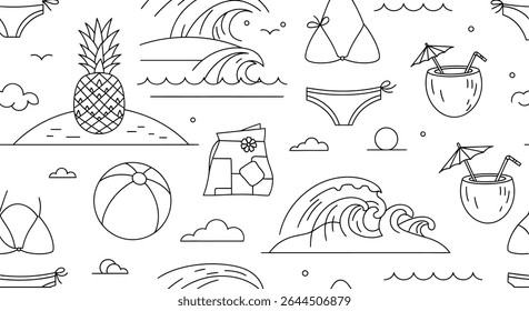 Seamless pattern with summer elements: pineapple on island, waves, swimsuit, beach ball, bag and coconut cocktail, all in black outline.