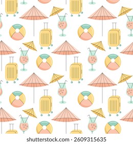 Seamless pattern with summer elements. Sun umbrella, suitcase, cocktail, beach ball. Flat vector illustration