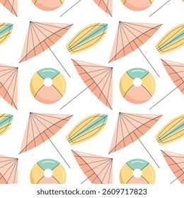 Seamless pattern with summer elements. Sun umbrella and beach ball. Flat vector illustration