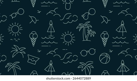 Seamless pattern with summer elements: sun, palm trees, ice cream, beach umbrella, sunglasses, beach ball, waves, clouds and birds.