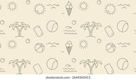 Seamless pattern with summer elements: sun, palm trees, beach ball, sea waves, ice cream and beach mattress in outline style.