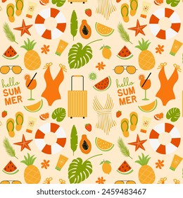 Seamless pattern with summer elements swimsuits, sunglasses, fruits, flip-flops, spf, tropical leaves. Vector illustration 