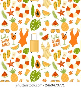 Seamless pattern with summer elements swimsuits, sunglasses, fruits, flip-flops, spf, tropical leaves. Vector illustration 