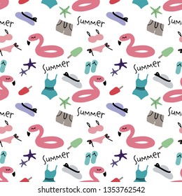 Seamless pattern with summer elements and summer text.