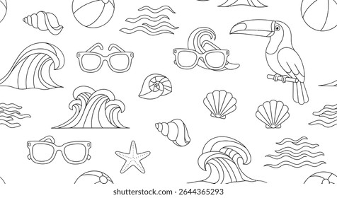 Seamless pattern with summer elements: toucan on a branch, sunglasses, waves, seashells, starfish and beach ball in black outline.