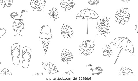 Seamless pattern with summer elements: tropical leaves, cocktail with straw, ice cream cone, beach umbrella and flip flops in line art style.