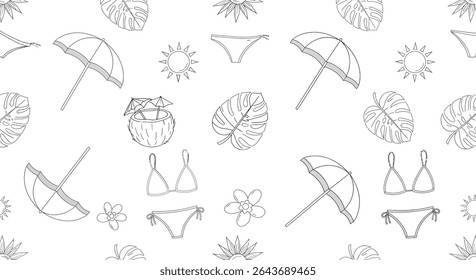 Seamless pattern with summer elements: tropical leaves, sun, umbrella, bikini, flower and coconut cocktail with umbrellas.
