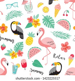 Seamless pattern with summer elements. Vector illustration of flamingo, toucan, pineapple, tropical leaves, watermelon, flowers, sunglasses, ice cream.