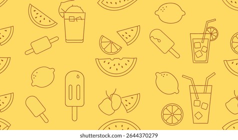Padrão perfeito com elementos de verão: fatias de melancia, limão, sorvete e bebidas refrescantes com cubos de gelo e palhas.
