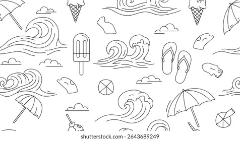 Seamless pattern with summer elements: waves, ice cream cones, popsicle, flip flops, sun umbrellas, clouds and sunscreen in outline style.