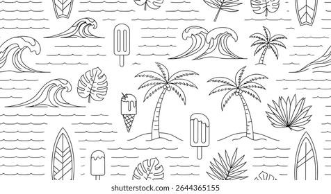 Padrão contínuo com elementos de verão: ondas, palmeiras, pranchas de surfe, cone de sorvete, picolé e folhas tropicais em um estilo de arte de linha.