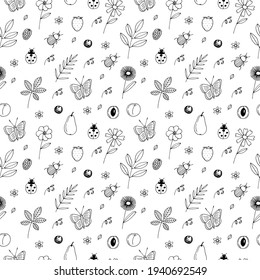 Verano y medio ambiente sin foco, flores, ramas con hojas, insectos y frutos, ilustración vectorial, dibujo a mano