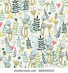 Patrón sin foco con ilustraciones de vectores forestales de fantasía estival para niños. Berries, setas, flores al estilo de las caricaturas