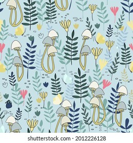 Seamless pattern with summer fantasy forest vector illustrations for children. Berries, mushrooms, flowers in cartoon style