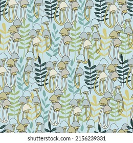Seamless pattern with summer fantasy forest vector illustrations for children. Berries, mushrooms, flowers in cartoon style