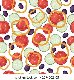 Seamless pattern. A summer pattern featuring sliced vegetables such as cucumbers, tomatoes, olives and bell peppers. A pattern with the image of a salad. Illustration for the print. Vector