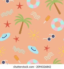 seamless pattern of summer flat elements on orange sunny background. cute drawing of palm tree, hat, sunglasses, sea waves, ice cream. rest pattern for textiles, wallpaper