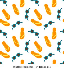 Seamless pattern with Summer Flip Flops sandals, sunglasses for walk in hot weather. Fashion vector beach summer element and accessories. Repeated vector background for wallpaper, textile, wrapper