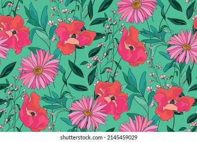 Seamless pattern, summer floral print with outline field plants. Retro botanical background with large pink flowers, leaves, herbs on a green field. Vector illustration.