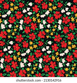 Seamless pattern with summer flowering meadow. Liberty composition of small flowers, leaves, herbs. Cute floral print, modern botanical background with small hand drawn plants. Vector.