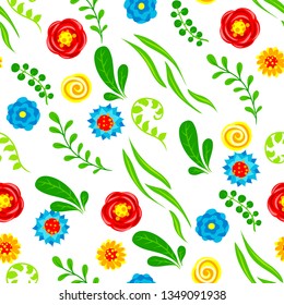 Seamless pattern with summer flowers. Beautiful decorative natural plants, buds and leaves.