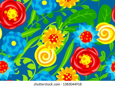 Seamless pattern with summer flowers. Beautiful decorative natural plants, buds and leaves.