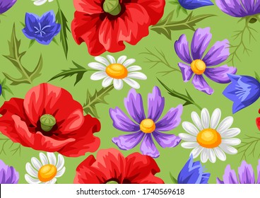 Seamless pattern with summer flowers. Beautiful realistic poppies, daisies and bells.