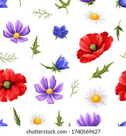 Seamless pattern with summer flowers. Beautiful realistic poppies, daisies and bells.