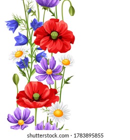 Patrón sin foco con flores de verano. Bellas amapolas realistas, margaritas y campanas.