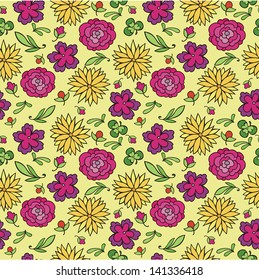 Seamless pattern with summer flowers for cards, invitations, fabric on yellow background