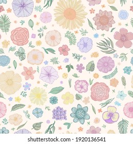 Patrón inmaculado con flores de verano para el diseño. Gráficos vectoriales dibujados a mano. Plantas con estilo de esbozo. Para fondo, papel, tela, embalaje.